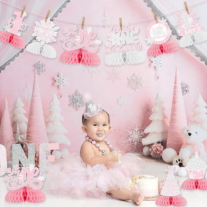 Snowflake Honeycomb Table Centerpieces Pink Winter Onederland First Birthday Decorations for Girls
