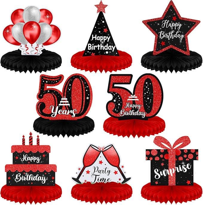 Red Black 50th Birthday Honeycomb Table Centerpieces Decorations for All