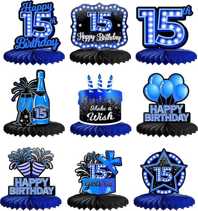Happy 15th Birthday Blue Neon Honeycomb Table Centerpieces Decorations for Boys and Girls