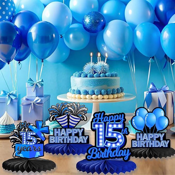 Happy 15th Birthday Blue Neon Honeycomb Table Centerpieces Decorations for Boys and Girls