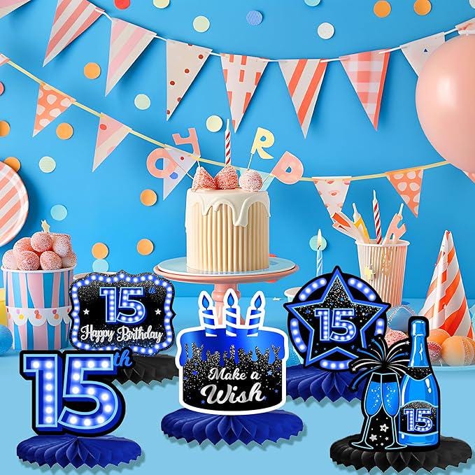 Happy 15th Birthday Blue Neon Honeycomb Table Centerpieces Decorations for Boys and Girls
