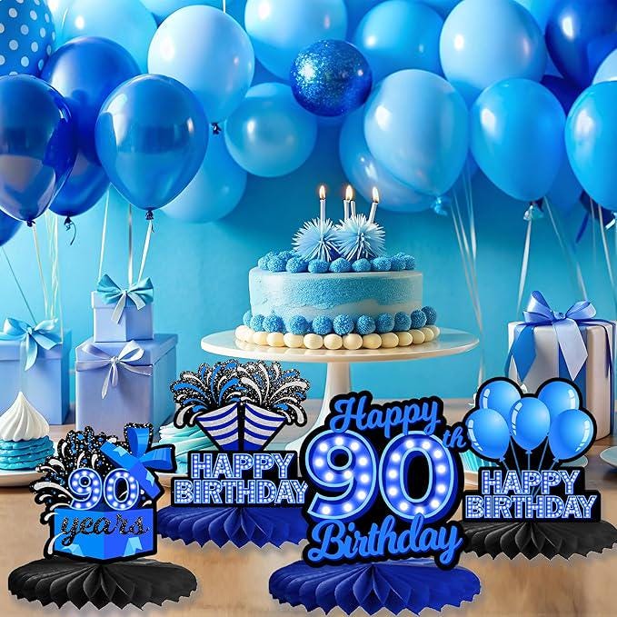 Happy 90th Birthday Blue Neon Honeycomb Table Centerpieces Decorations for Boys and Girls