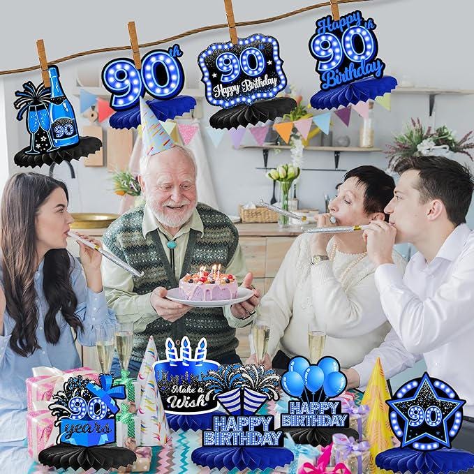 Happy 90th Birthday Blue Neon Honeycomb Table Centerpieces Decorations for Boys and Girls