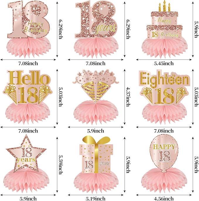 Pink Rose Gold 18th Birthday Honeycomb Table Centerpieces Decorations 9pcs