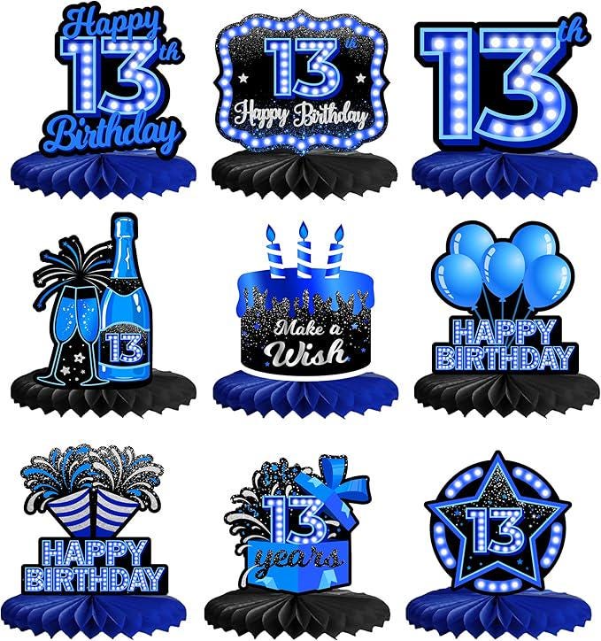 Happy 13th Birthday Blue Neon Honeycomb Table Centerpieces Party Decorations 9pcs