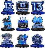 Happy 13th Birthday Blue Neon Honeycomb Table Centerpieces Party Decorations 9pcs
