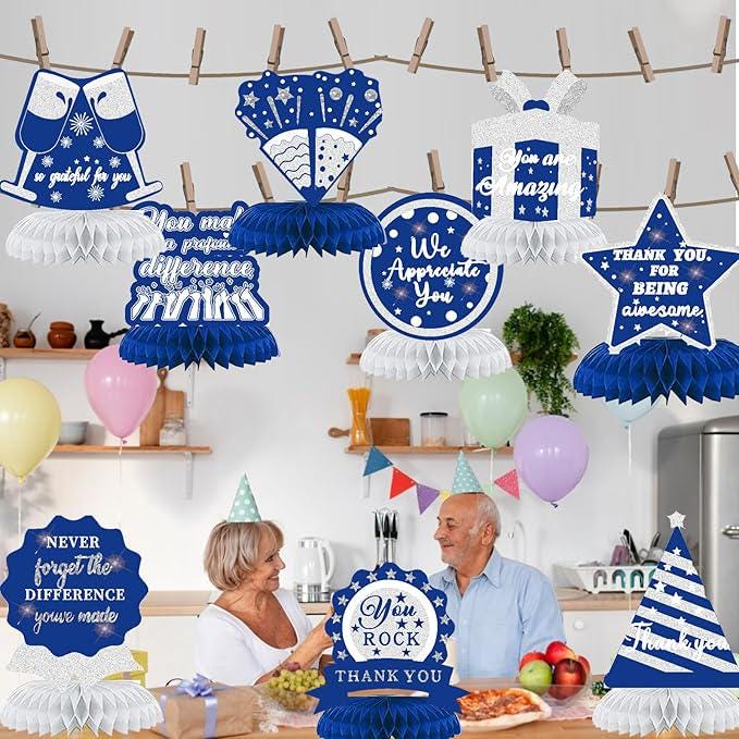 9PCS Appreciation Honeycomb Centerpieces Blue Silver Thank You Party Table Decor