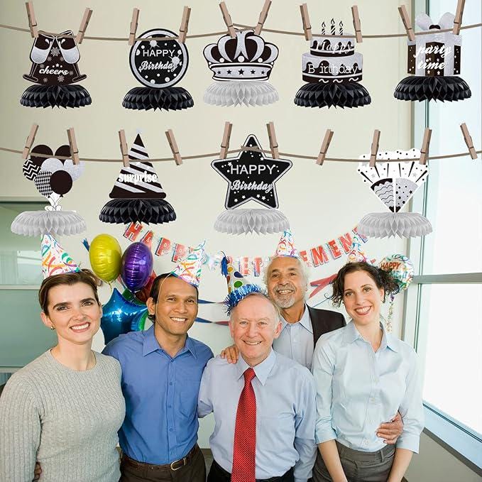 9PCS Black White Silver Birthday Honeycomb Table Centerpieces Party Decorations