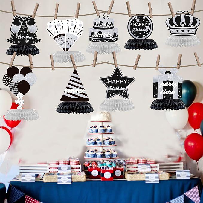 9PCS Black White Silver Birthday Honeycomb Table Centerpieces Party Decorations