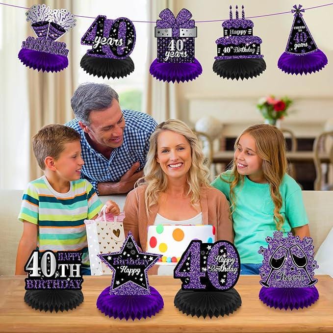 9PCS Purple Black 40th Birthday Honeycomb Table Centerpieces Party Decor