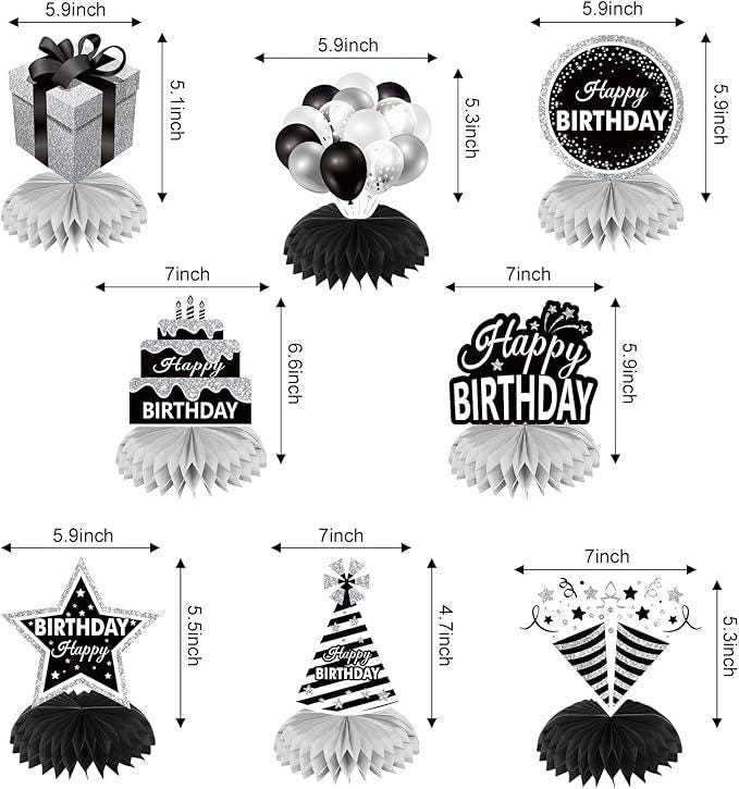 8PCS Black White Silver Birthday Honeycomb Table Centerpieces Party Decorations