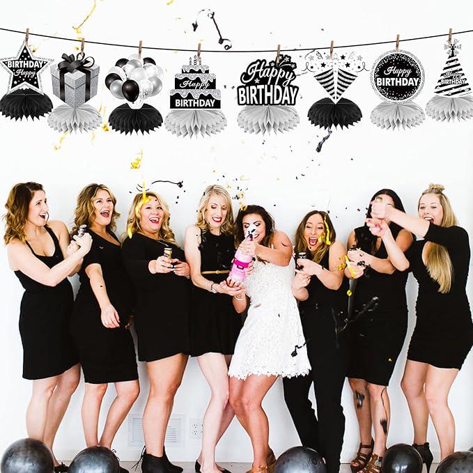 8PCS Black White Silver Birthday Honeycomb Table Centerpieces Party Decorations