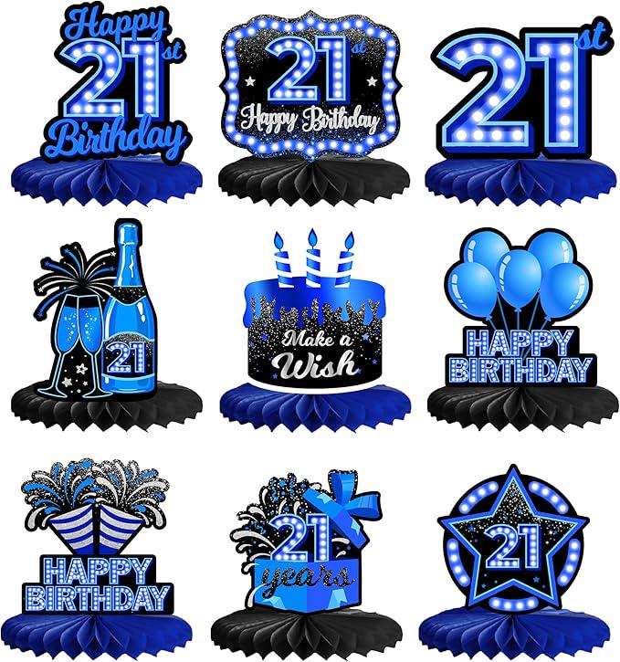 9PCS Blue Neon 21st Birthday Honeycomb Table Centerpieces Party Decorations
