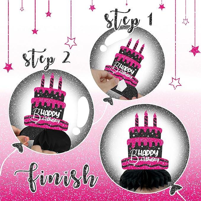 12PCS Hot Pink Black Birthday Honeycomb Table Centerpieces Party Decorations