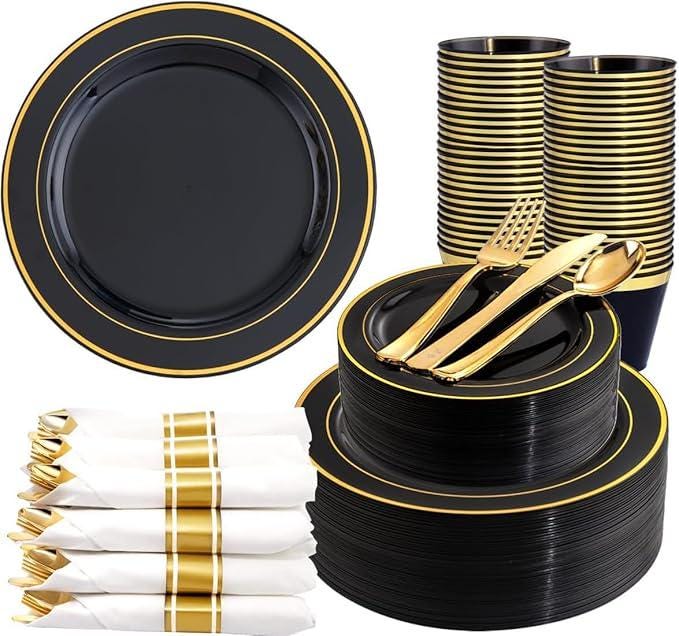 350 Pcs Black Gold Plates Cups Napkins Silverware Disposable Tableware Set
