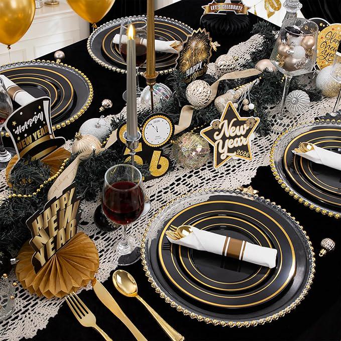 350 Pcs Black Gold Plates Cups Napkins Silverware Disposable Tableware Set