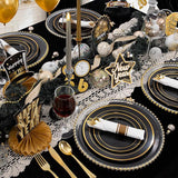 350 Pcs Black Gold Plates Cups Napkins Silverware Disposable Tableware Set