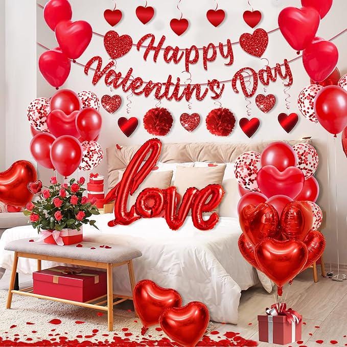 Valentines Day Decorations Red Heart Balloons Rose Petals Hanging Swirls for Wedding