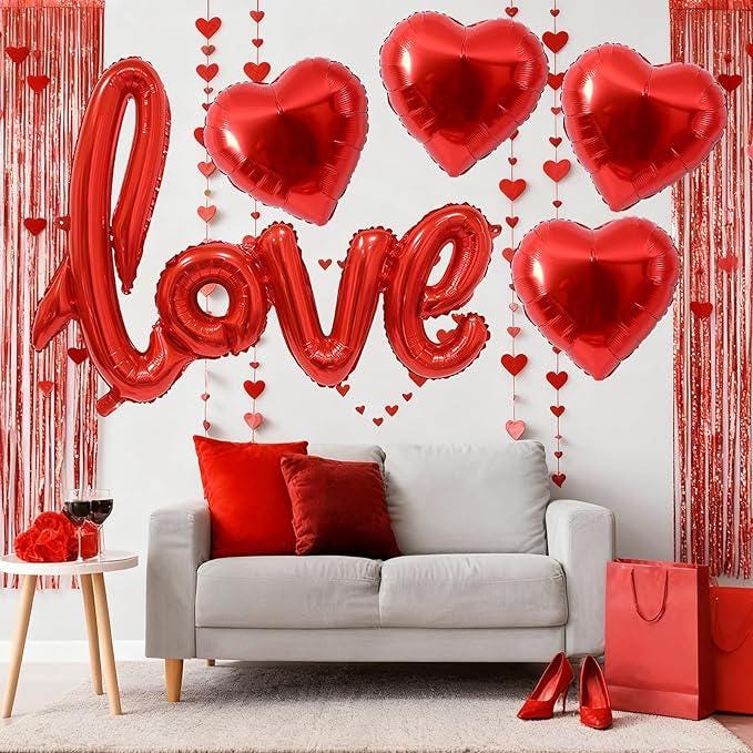 Love Balloons 24 Inch Red Foil Banner with 18 Inch Heart Balloons for Valentines Day