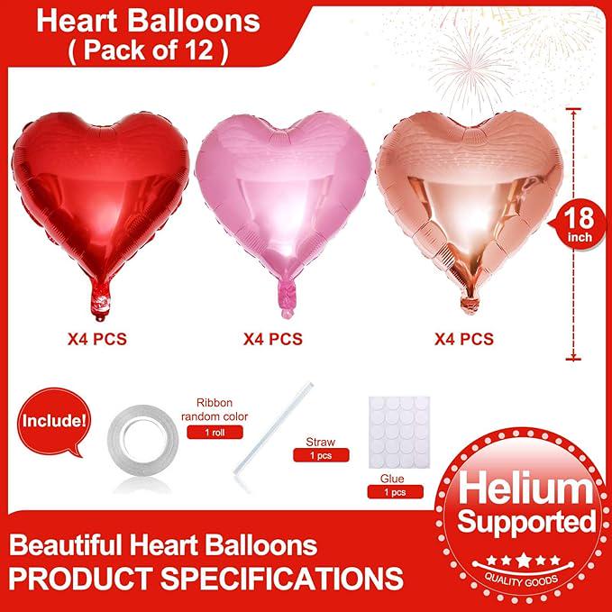 12 Pcs Red Heart Foil Balloons 18 Inch Love Balloons for Valentines Birthday Wedding Party