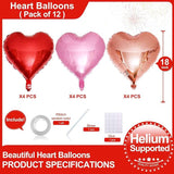 12 Pcs Red Heart Foil Balloons 18 Inch Love Balloons for Valentines Birthday Wedding Party
