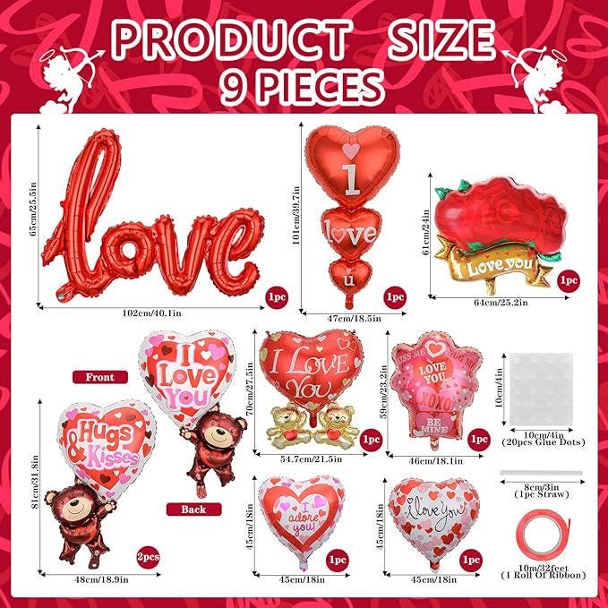 9 Pcs Valentines Day I Love You Heart Foil Balloons for Proposal Wedding Anniversary Decor