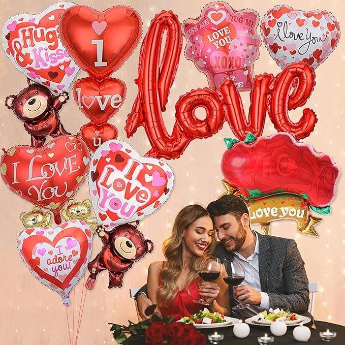 9 Pcs Valentines Day I Love You Heart Foil Balloons for Proposal Wedding Anniversary Decor