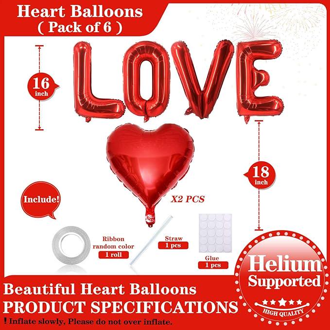 16 Inch Red Heart Balloons 6 Pcs Love Letter Balloons Banner for Valentines Day Wedding Party