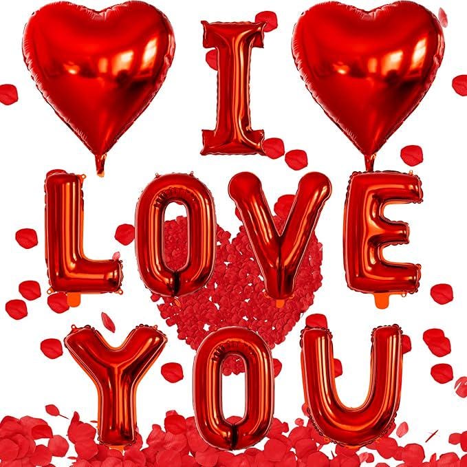 I Love You Balloons and Heart Balloon Kit with Rose Petals for Valentines Day Wedding Anniversary Party