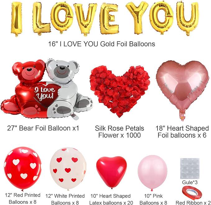 Romantic Valentine's Day Balloon Kit: Heart Balloons, Teddy Bear, Rose Petals