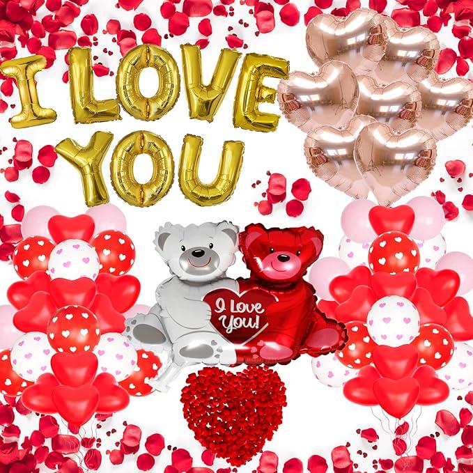 Romantic Valentine's Day Balloon Kit: Heart Balloons, Teddy Bear, Rose Petals