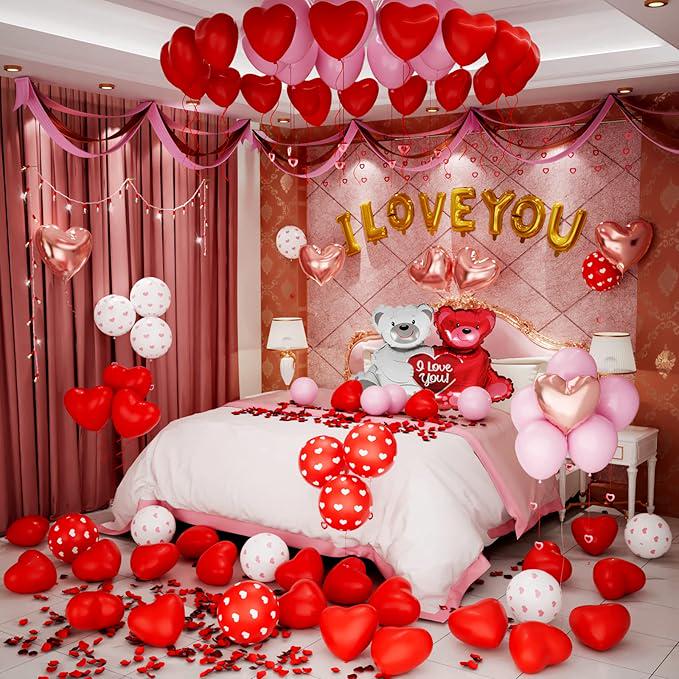 Romantic Valentine's Day Balloon Kit: Heart Balloons, Teddy Bear, Rose Petals