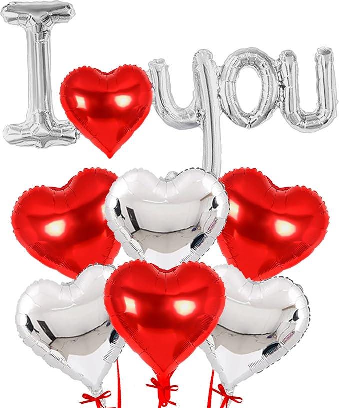 I Love You Balloons Set 37 Inch 7 Pcs Silver and Red Heart Balloons for Valentines Day Party