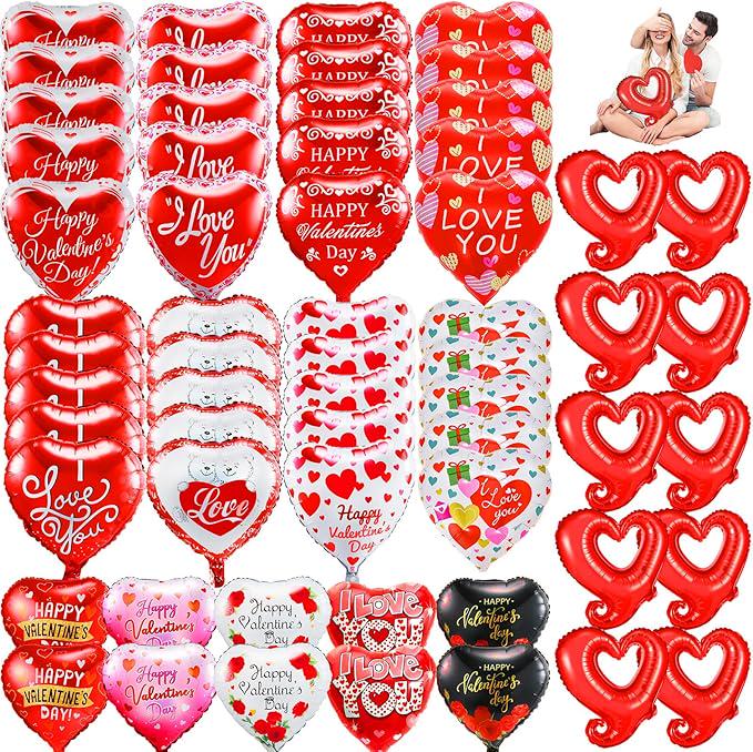 60 Pcs Valentines Day Balloon Set 18 Inch Heart Foil Balloons I Love You Party Decor