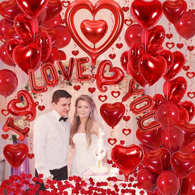 Red I Love You Balloons with Heart and Rose Petals for Valentines Day Wedding Party Decor