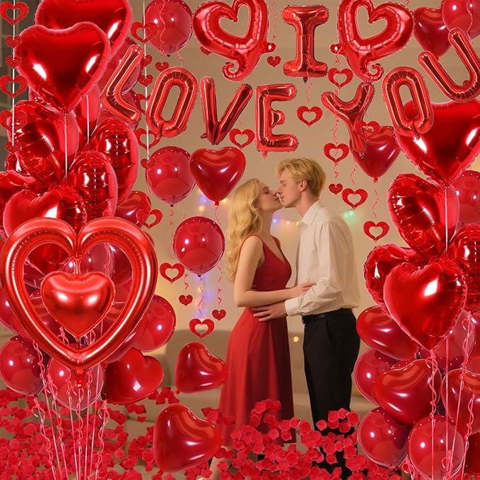 Red I Love You Balloons with Heart and Rose Petals for Valentines Day Wedding Party Decor