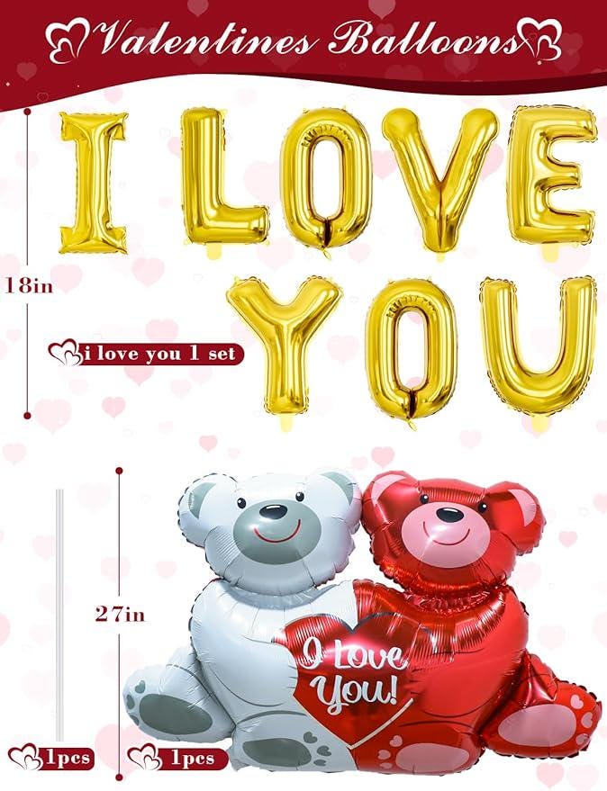 Valentines Day Balloons Set I Love You Love Bear Red Heart Balloons with 1000 Rose Petals