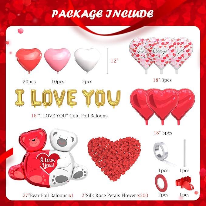 Valentines Day Balloons Kit I Love You Love Bear Red Heart Balloons with 500 Rose Petals