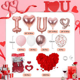 87 Pcs I Love You Balloon Kit Light Pink White Rose Gold Hearts with 400 Red Rose Petals for Valentines Party