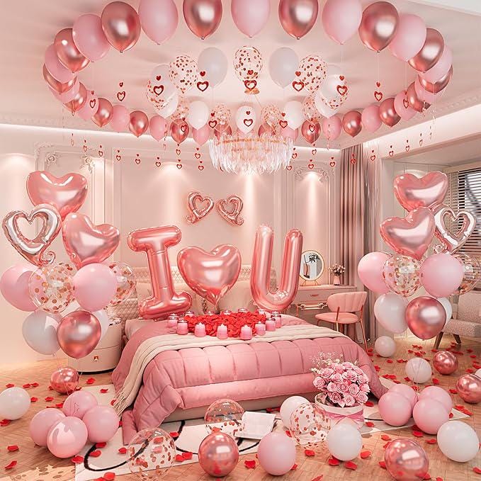 87 Pcs I Love You Balloon Kit Light Pink White Rose Gold Hearts with 400 Red Rose Petals for Valentines Party