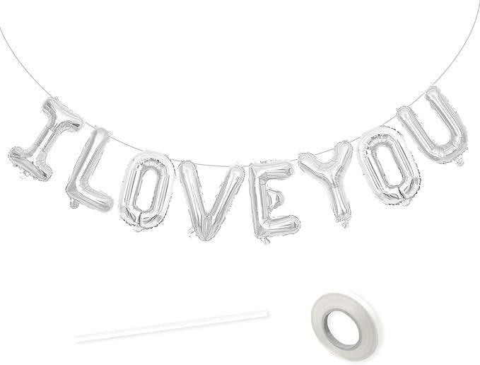 16 Inch I Love You Silver Foil Balloons with Banner Letters for Valentines Day Wedding Party