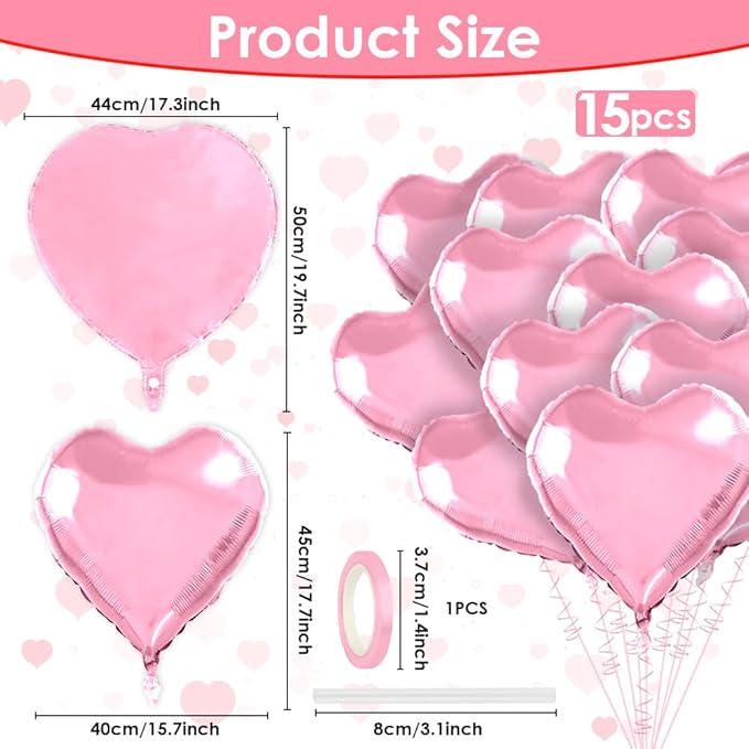 15 Pcs Pink Heart Shaped Balloons 18 Inch Love Foil Balloons for Valentines Day Wedding Party