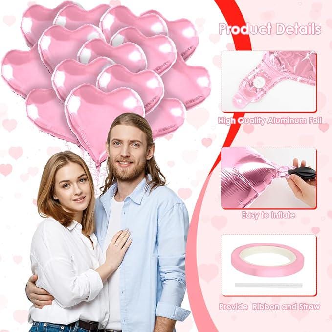 15 Pcs Pink Heart Shaped Balloons 18 Inch Love Foil Balloons for Valentines Day Wedding Party