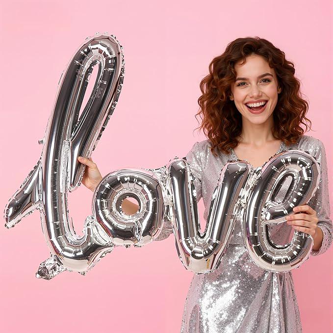 Large Silver Love Balloons Banner 42 Inch Mylar Foil Wedding Party Decor
