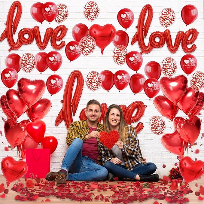 Valentines Day Decorations 50 Pcs Romantic Set Love Balloons Rose Petals Proposal Decor