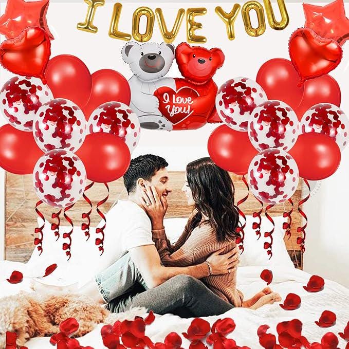 Valentines Day Heart Balloons I Love You Teddy Bear Rose Petals Wedding Party Decor