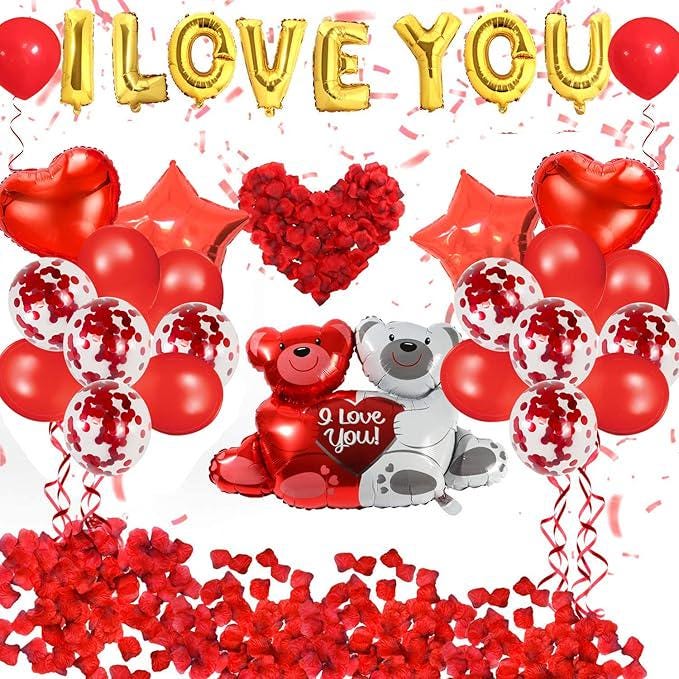 Valentines Day Heart Balloons I Love You Teddy Bear Rose Petals Wedding Party Decor