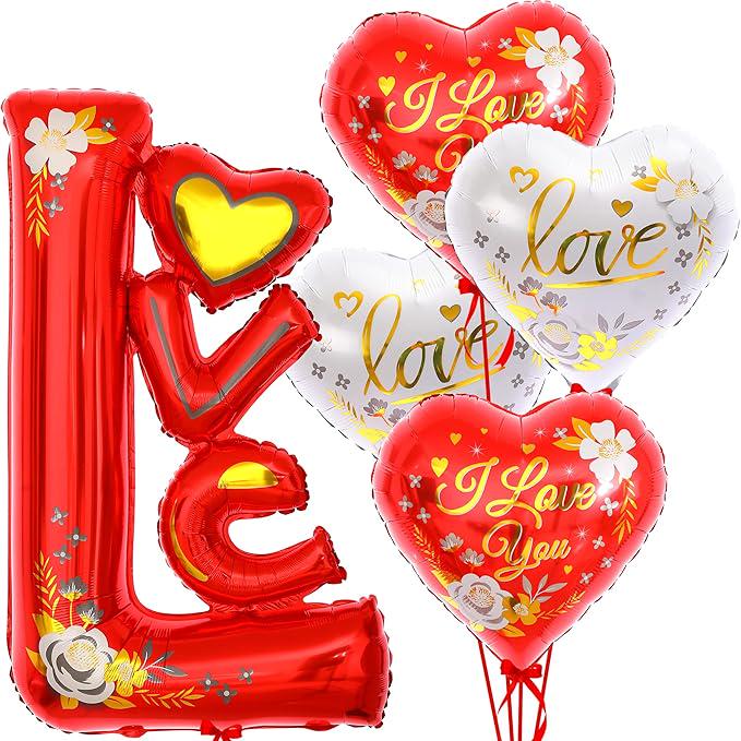 Big I Love You Balloons Set 44 Inch 5 Pcs Red White Heart Valentines Party Decor