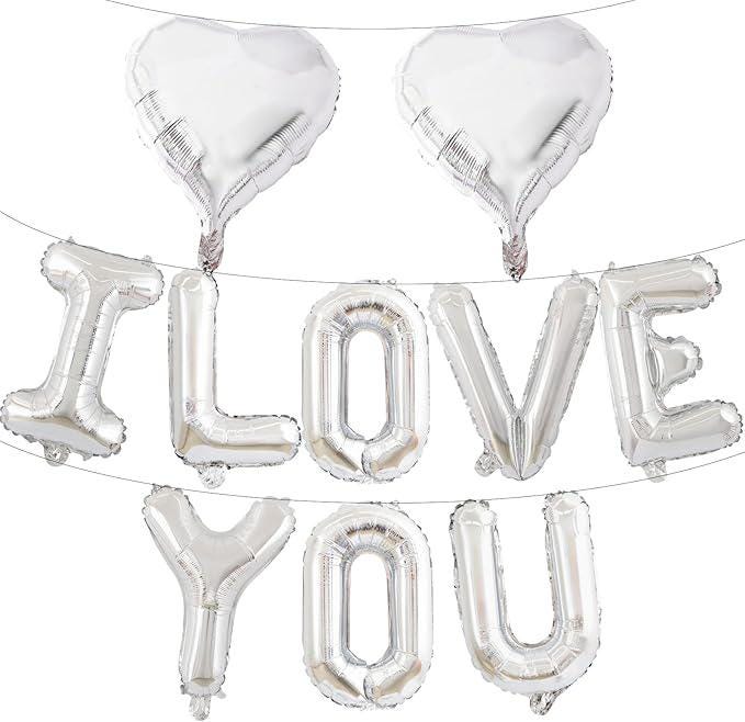 16 Inch Silver I LOVE YOU Balloons Banner with Heart Foil for Romantic Decor