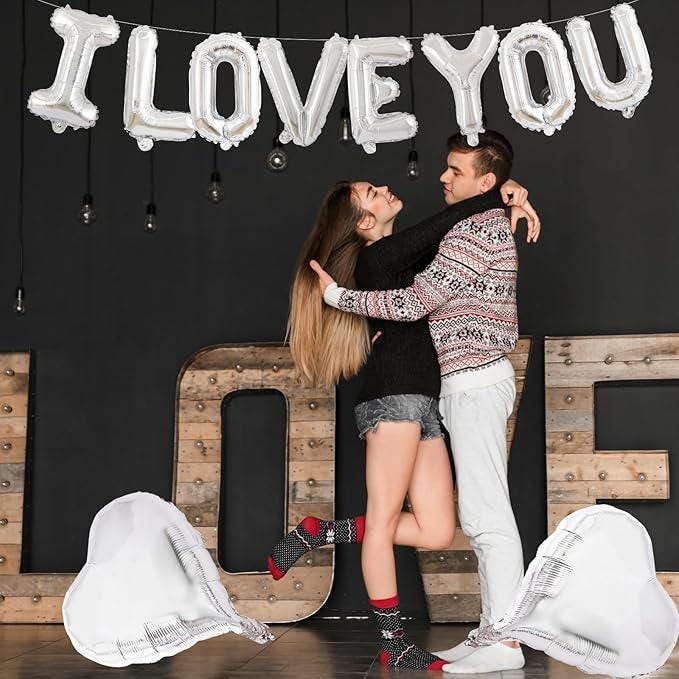 16 Inch Silver I LOVE YOU Balloons Banner with Heart Foil for Romantic Decor